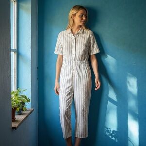 For Love And Lemons White and Blue Eyelet Striped Button Front Jumpsuit Sz S